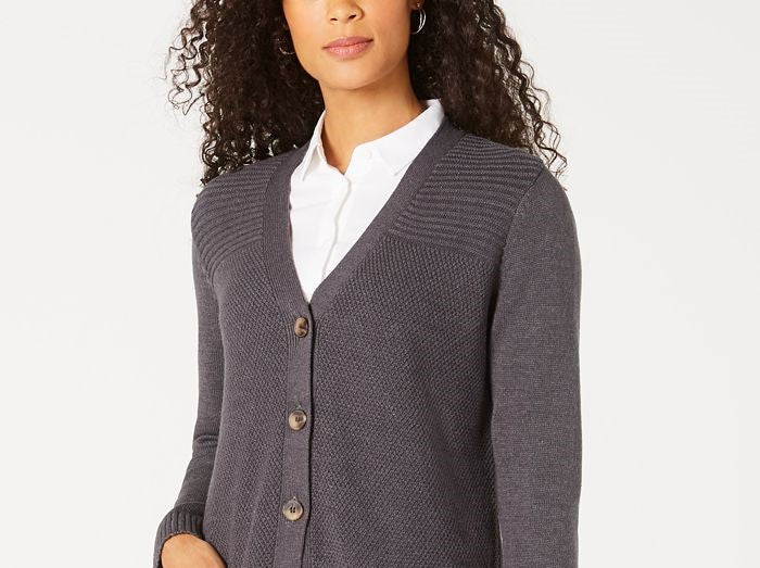 Karen Scott Cardigan Feminino com Botões Frontais e Pontos Mistos, Cor Carvão, Tamanho Extra Pequeno