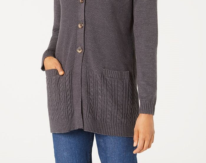 Karen Scott Cardigan Feminino com Botões Frontais e Pontos Mistos, Cor Carvão, Tamanho Extra Pequeno