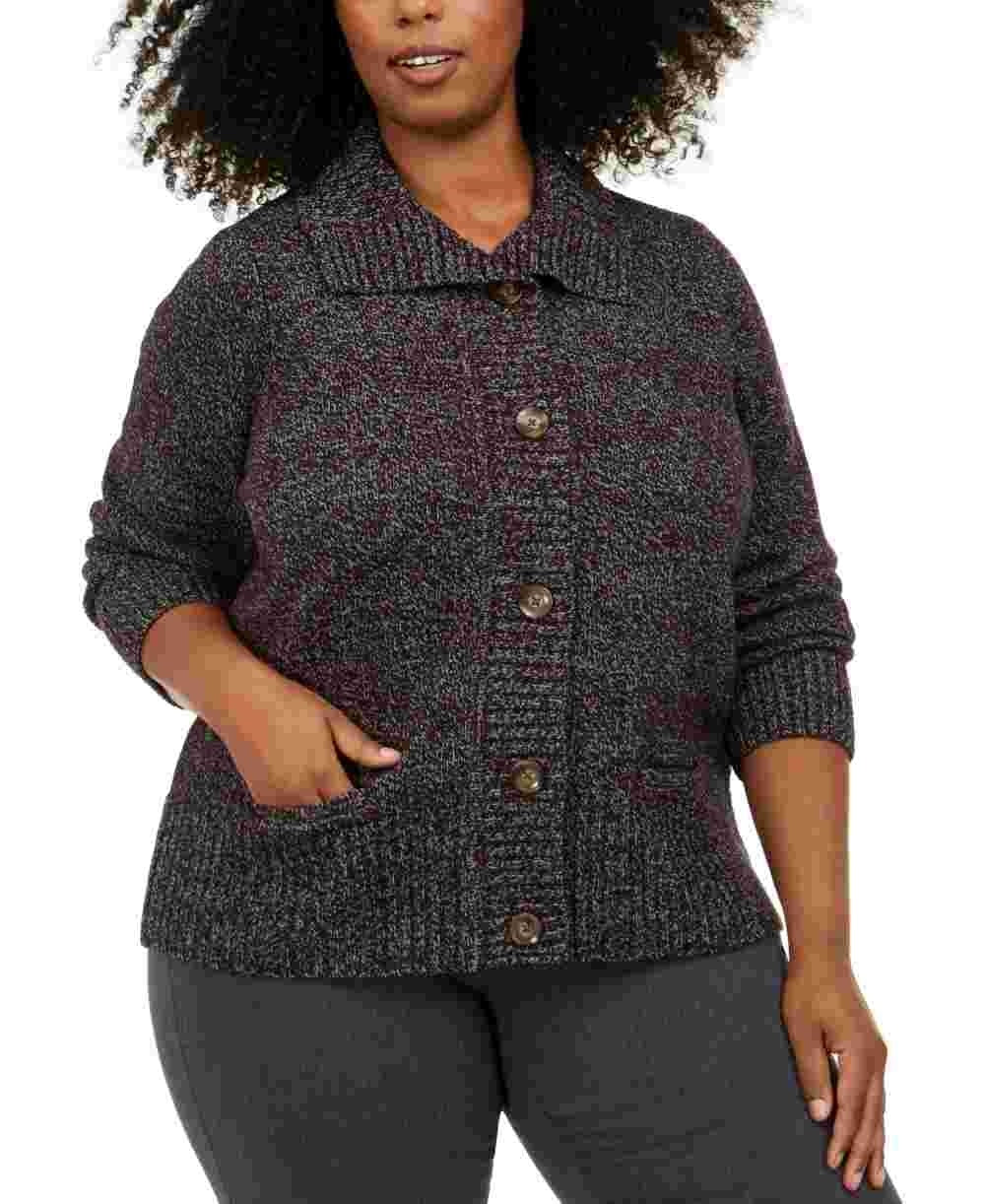 Karen Scott Cardigan Feminino Plus Marled Gola Asa Preto Tamanho 1X