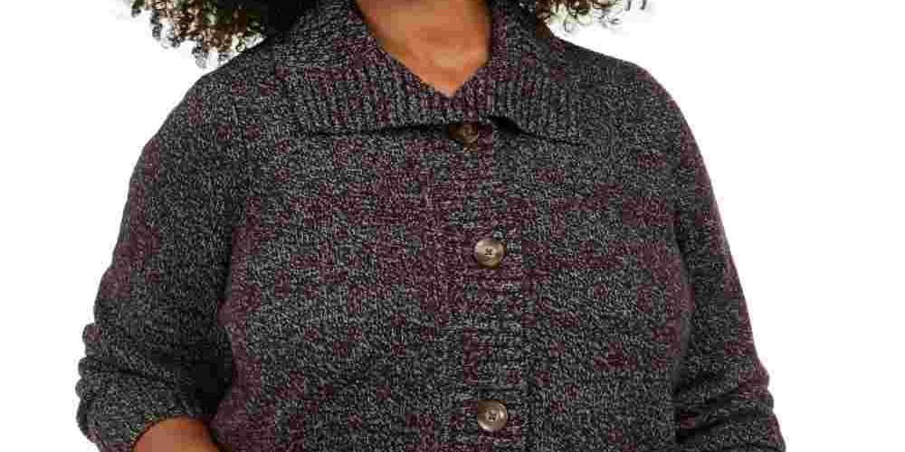 Karen Scott Cardigan Feminino Plus Marled Gola Asa Preto Tamanho 1X