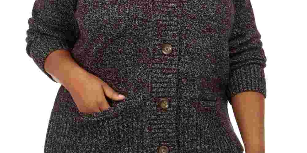Karen Scott Cardigan Feminino Plus Marled Gola Asa Preto Tamanho 1X