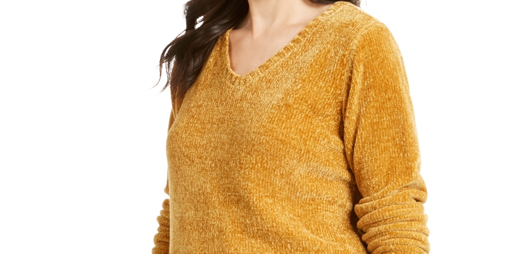 Karen Scott Suéter Feminino Gola V Chenille Dourado Tamanho XXG
