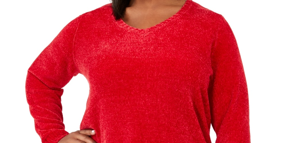 Karen Scott Suéter Feminino Plus Chenille Gola V Vermelho Tamanho 0X