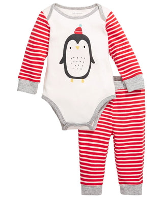 Conjunto de body e calça pinguim de algodão First Impressions para bebês meninos, 2 peças, branco, tamanho 6-9 meses