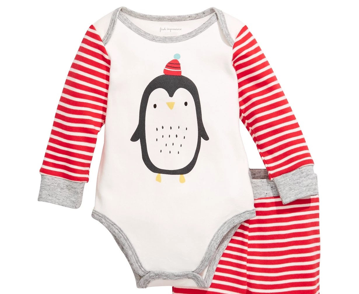 Conjunto de body e calça pinguim de algodão First Impressions para bebês meninos, 2 peças, branco, tamanho 6-9 meses