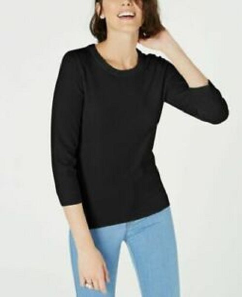 Camiseta feminina lisa Maison Jules com manga 3/4, preta, tamanho médio