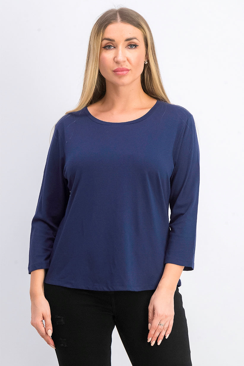 Camiseta feminina lisa Maison Jules com manga 3/4, azul-marinho, tamanho médio