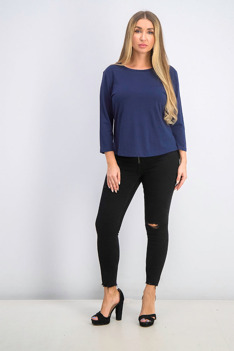 Camiseta feminina lisa Maison Jules com manga 3/4, azul-marinho, tamanho médio