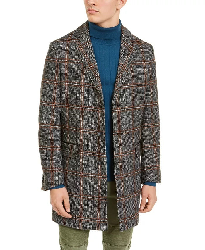 INC International Concepts Logan Plaid Topcoat Masculino Cinza Tamanho Pequeno
