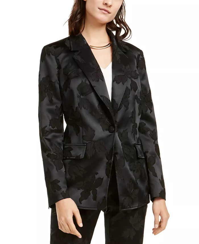 Blazer feminino Alfani com estampa floral em jacquard e cetim preto, tamanho extragrande