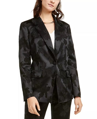 Blazer feminino Alfani com estampa floral em jacquard e cetim preto, tamanho extragrande