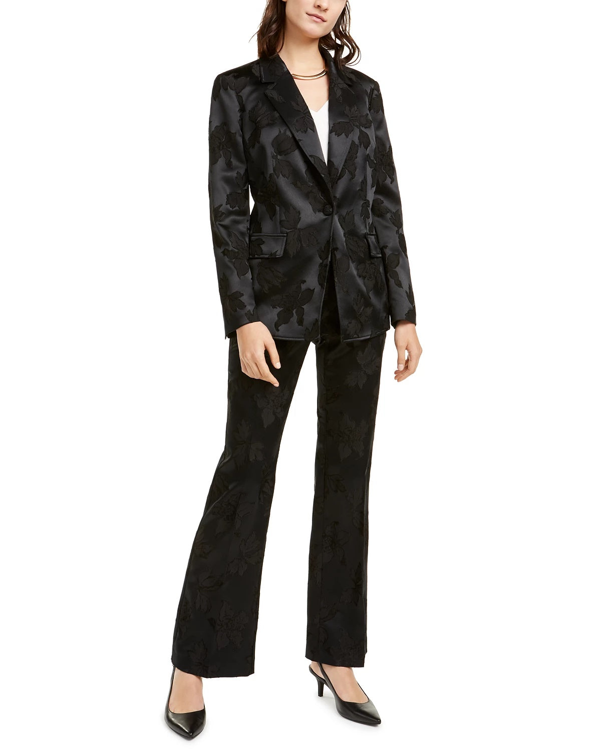 Blazer feminino Alfani com estampa floral em jacquard e cetim preto, tamanho extragrande