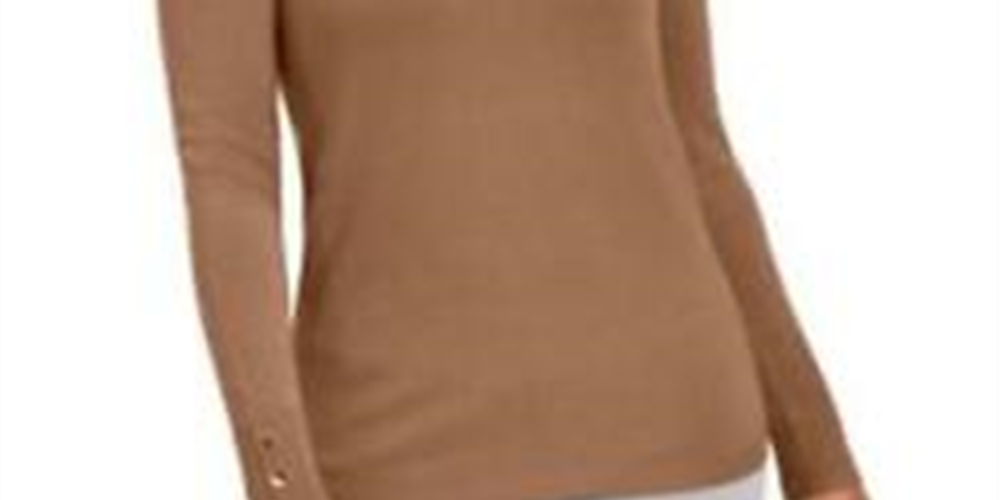 Suéter feminino JM Collection com punho de botão e gola redonda, marrom, tamanho grande