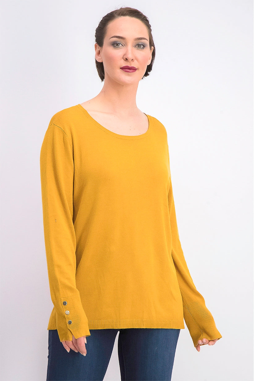 Suéter feminino JM com gola redonda e punhos abotoados, dourado, tamanho médio