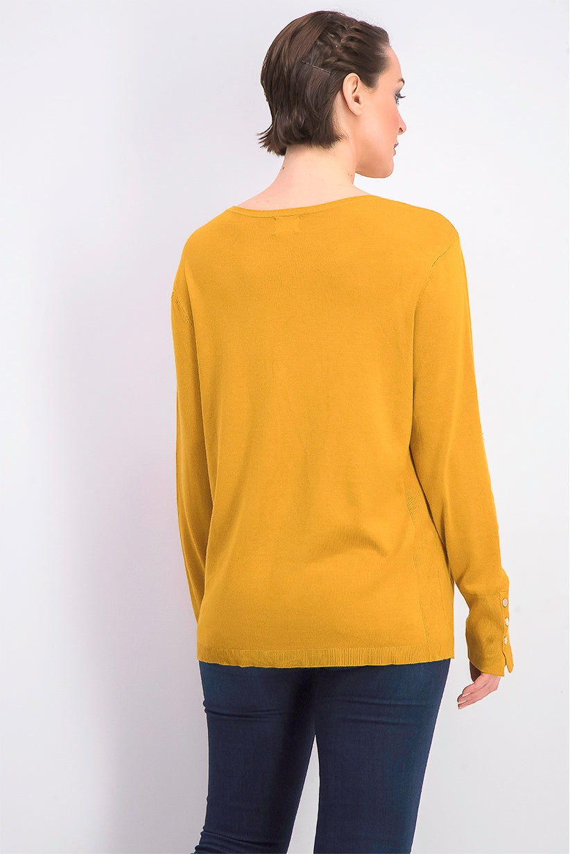 Suéter feminino JM com gola redonda e punhos abotoados, dourado, tamanho médio
