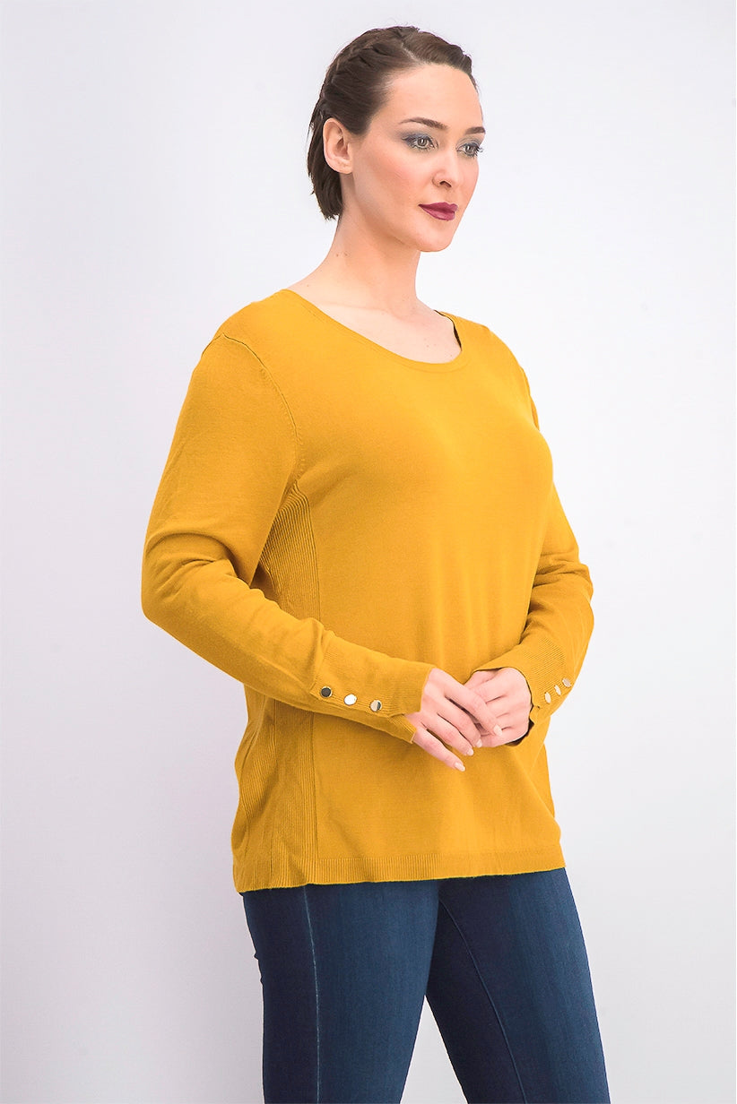 Suéter feminino JM com gola redonda e punhos abotoados, dourado, tamanho médio