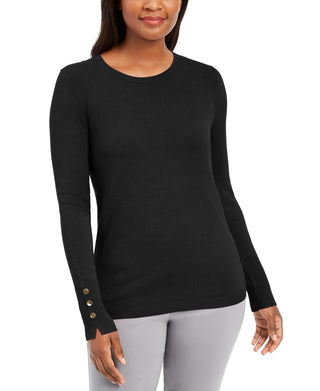 Suéter feminino JM Collection com punho de botão e gola redonda, preto, tamanho pequeno grande