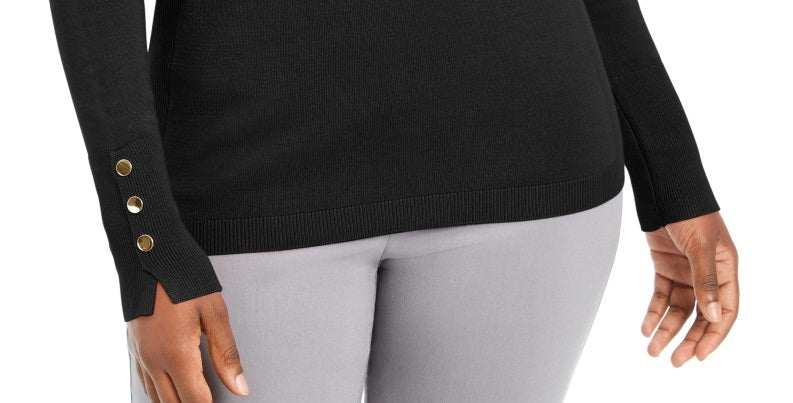 Suéter feminino JM Collection com punho de botão e gola redonda, preto, tamanho pequeno grande