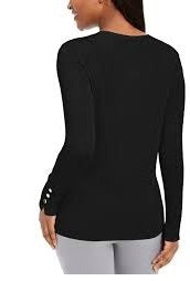 Suéter feminino JM Collection com punho de botão e gola redonda, preto, tamanho pequeno grande