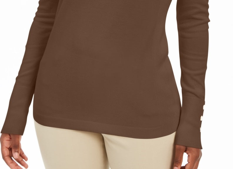 JM Collection Suéter Feminino Manga Enfeitada Gola V Marrom Tamanho P