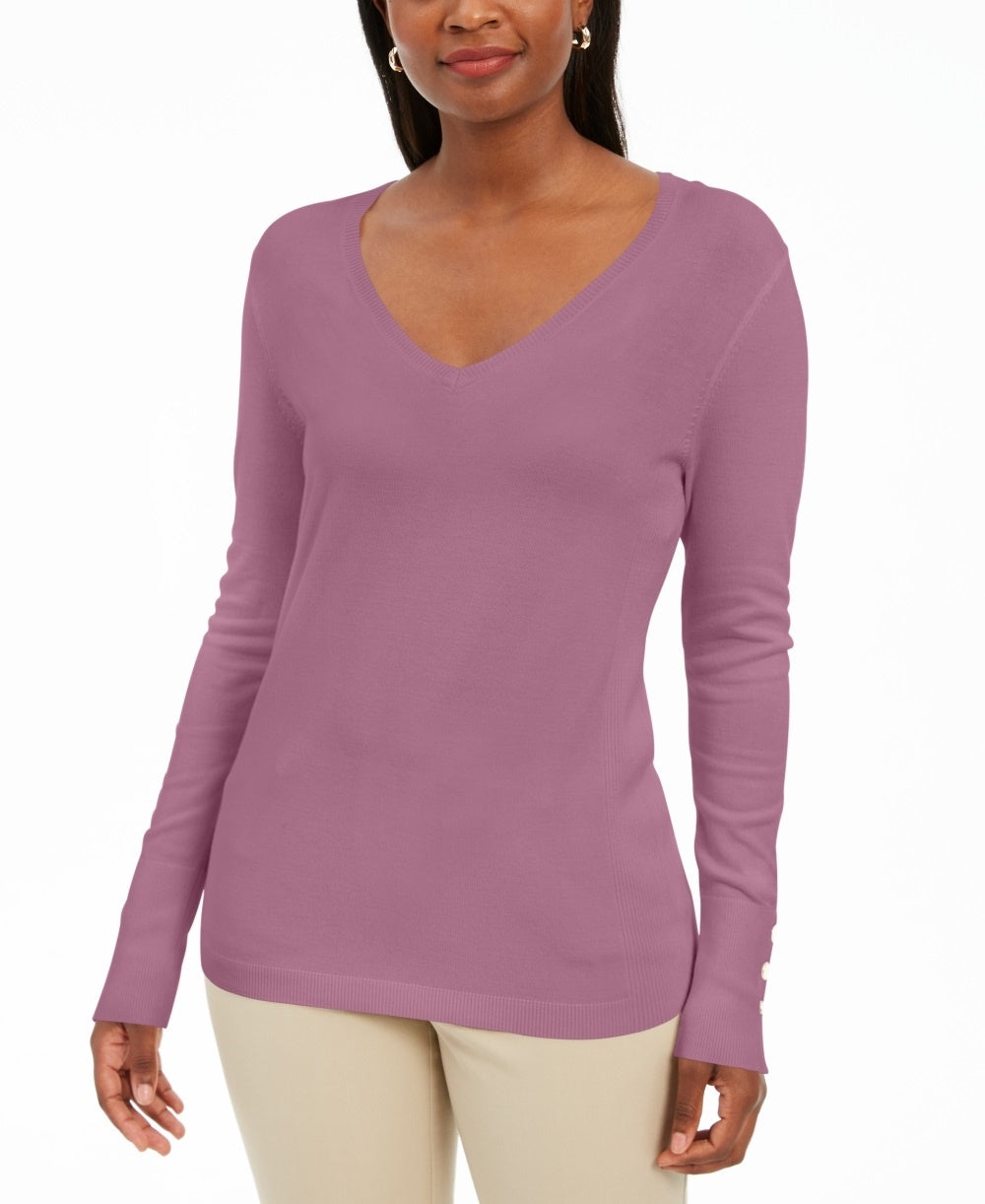 JM Collection Suéter feminino com decote em V e mangas enfeitadas, rosa, tamanho extragrande
