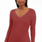 Suéter feminino JM Collection com mangas enfeitadas e decote em V, vermelho, tamanho extragrande