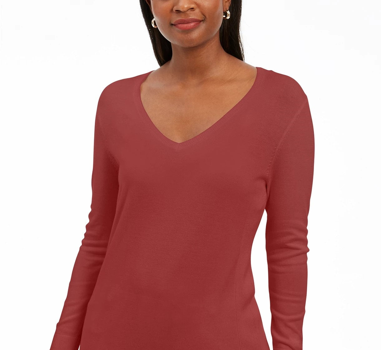 Suéter feminino JM Collection com mangas enfeitadas e decote em V, vermelho, tamanho extragrande