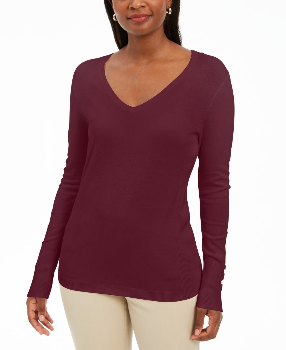 JM Collection Suéter Feminino com Manga Enfeitada e Gola V Vermelho Tamanho X-G