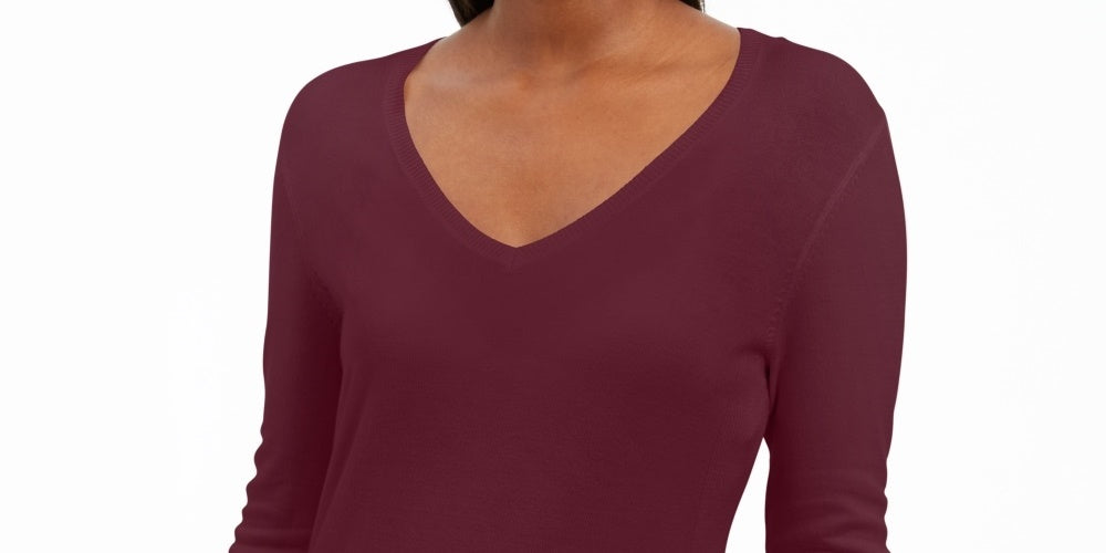 JM Collection Suéter Feminino com Manga Enfeitada e Gola V Vermelho Tamanho X-G