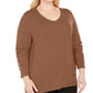 Camiseta feminina lisa de manga comprida e decote redondo JM Collection, marrom, tamanho 1X
