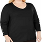 JM Collection Suéter feminino plus size com botões e decote em V, preto, tamanho 2X