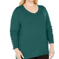 Camiseta feminina verde lisa com decote redondo e manga comprida, tamanho 2X, da coleção JM