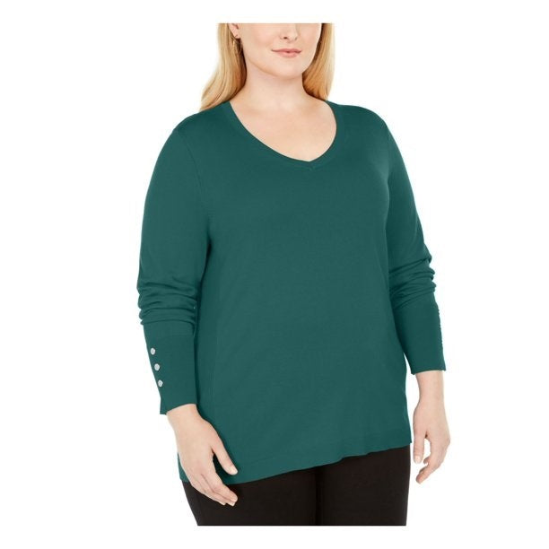 Camiseta feminina verde lisa com decote redondo e manga comprida, tamanho 3X, da coleção JM