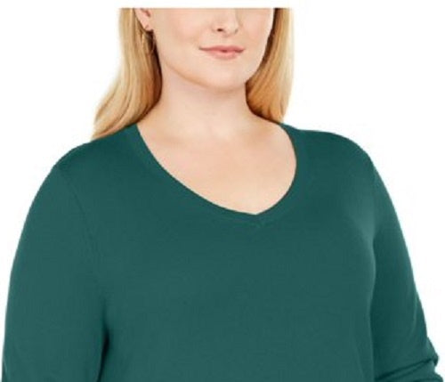 Camiseta feminina verde lisa com decote redondo e manga comprida, tamanho 3X, da coleção JM