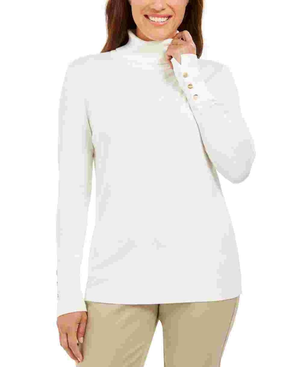 JM Collection Suéter Feminino com Mangas Apertadas e Gola Alta, Branco, Tamanho Grande
