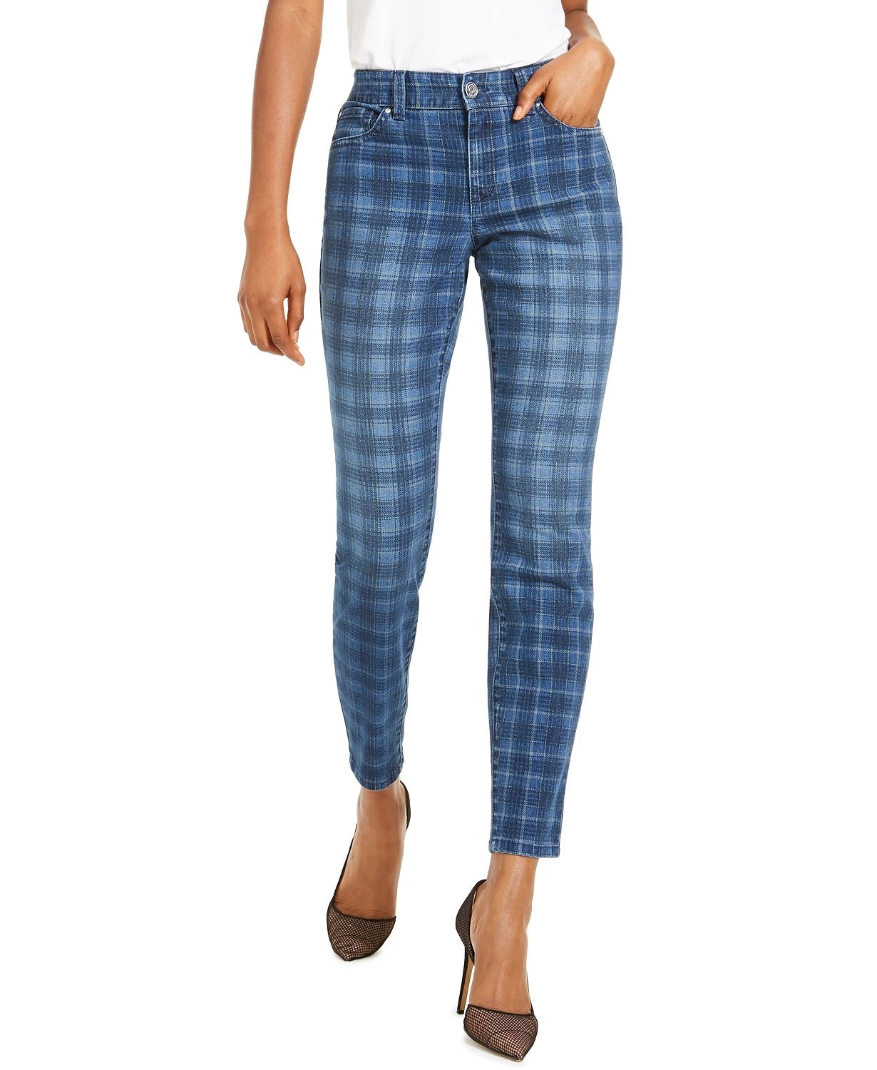 Calça jeans skinny xadrez feminina INC International Concepts, azul, tamanho 0