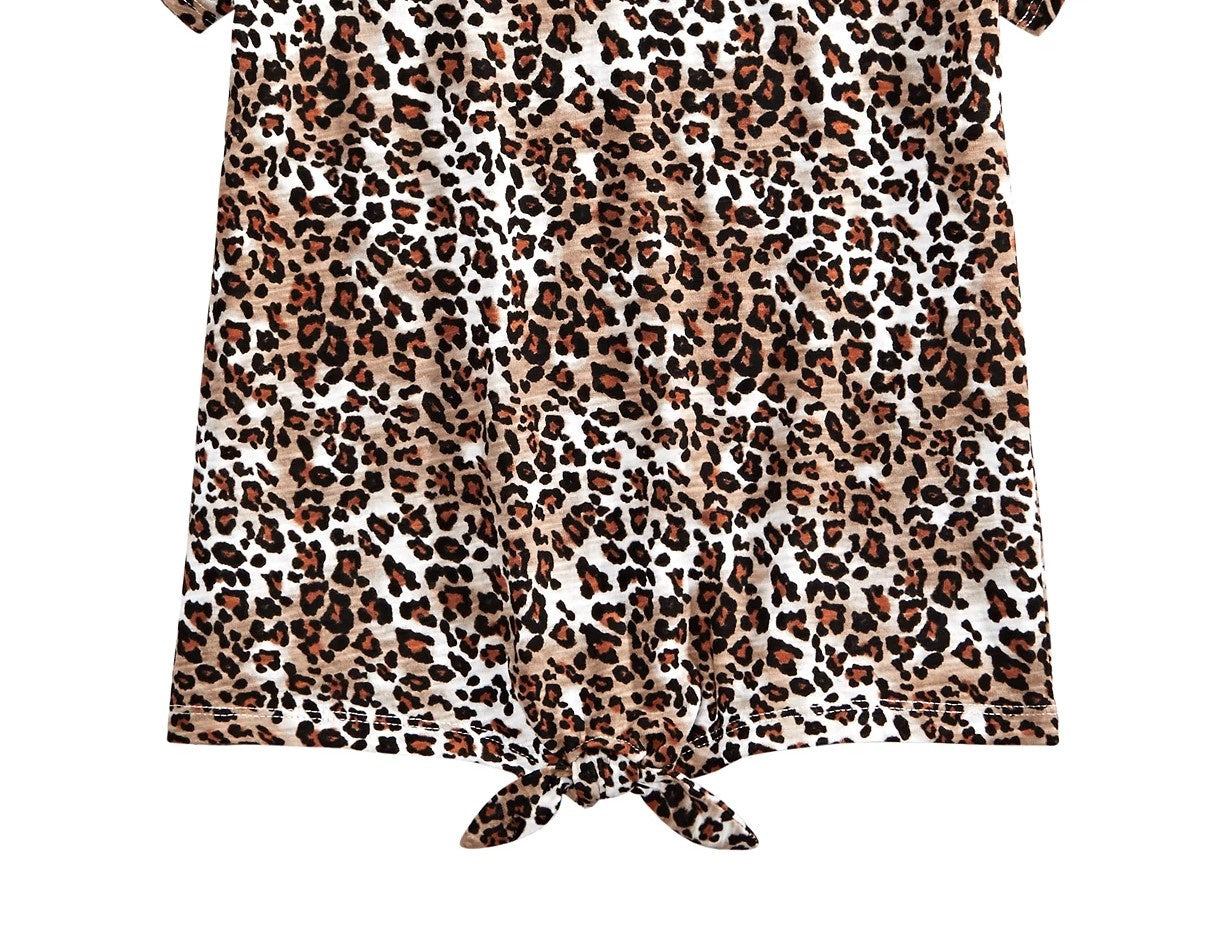 Camiseta Epic Threads Big Girls com estampa de leopardo e amarração frontal, branca, tamanho pequeno