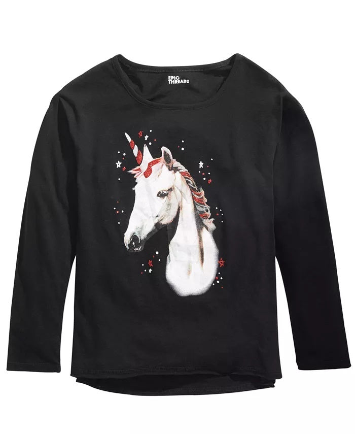 Camiseta Epic Threads Big Girls Glitter Unicorn, preta, tamanho grande