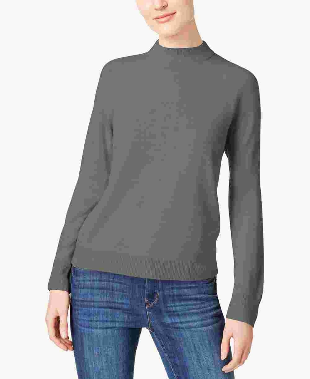 Blusa feminina Karen Scott cinza mesclada, manga comprida, gola alta, suéter, carvão, tamanho grande