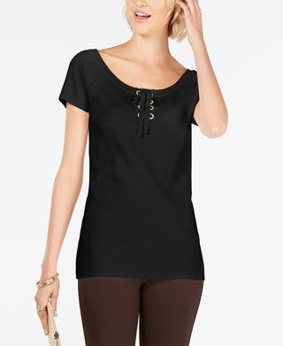 INC International Concepts Women's Solid Lace Up Top Black Size Medium