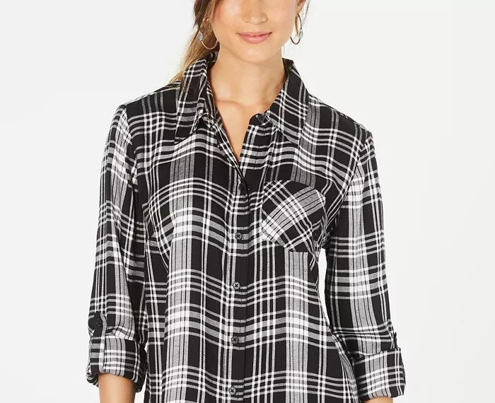 Camisa xadrez feminina Style &amp; Co com um bolso, preta, tamanho médio