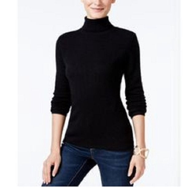 Blusa feminina Charter Club com gola alta canelada mesclada, preta, tamanho grande