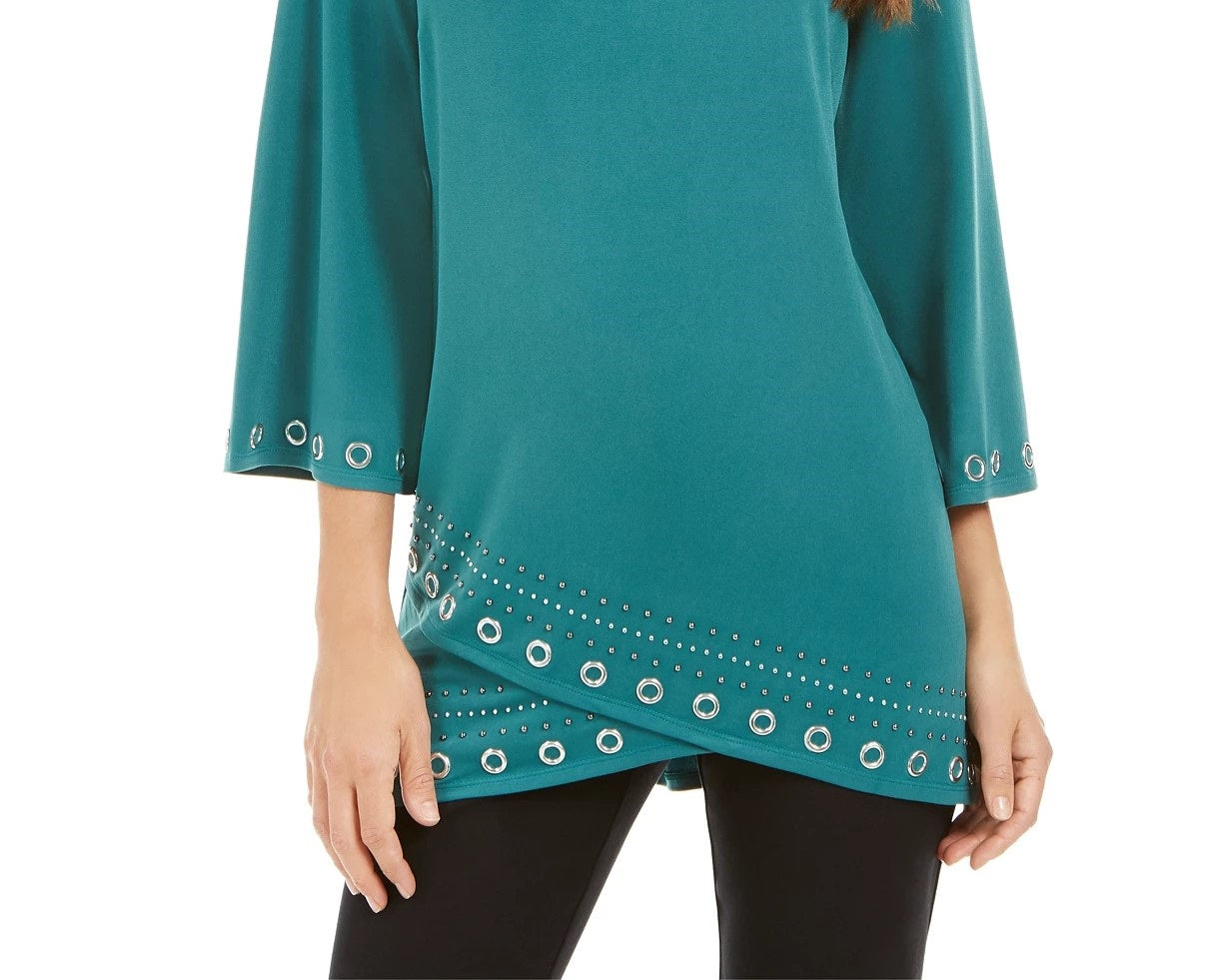 JM Collection Top feminino com ilhós e bainha cruzada, verde, tamanho médio