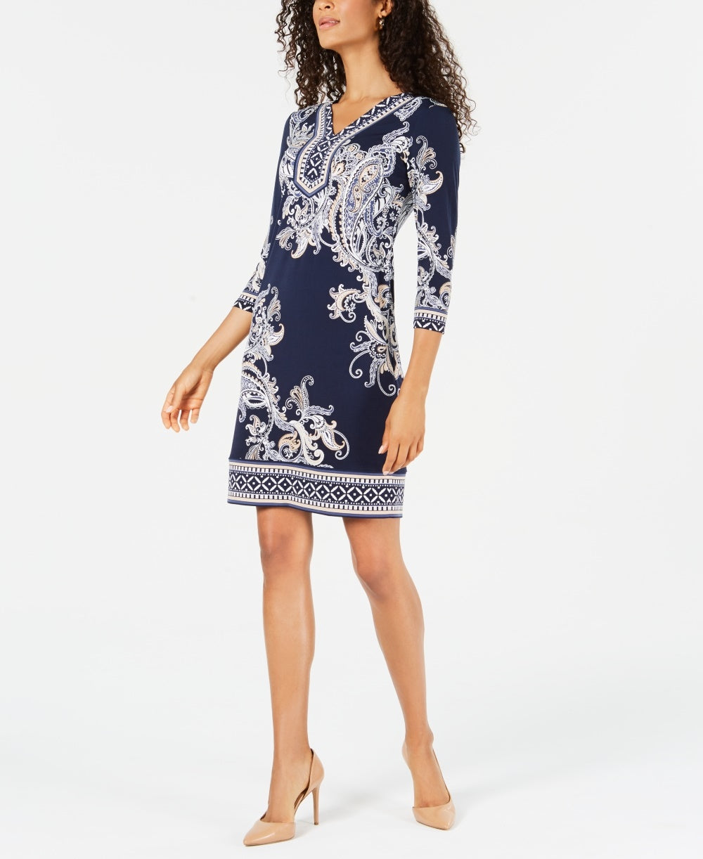 Vestido estampado com tachas feminino JM Collection, azul marinho, tamanho médio