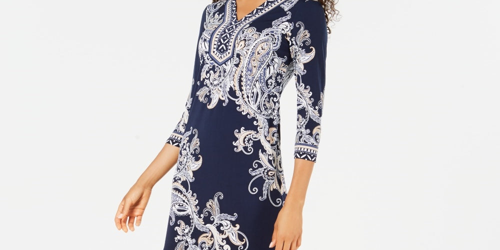 Vestido estampado com tachas feminino JM Collection, azul marinho, tamanho médio