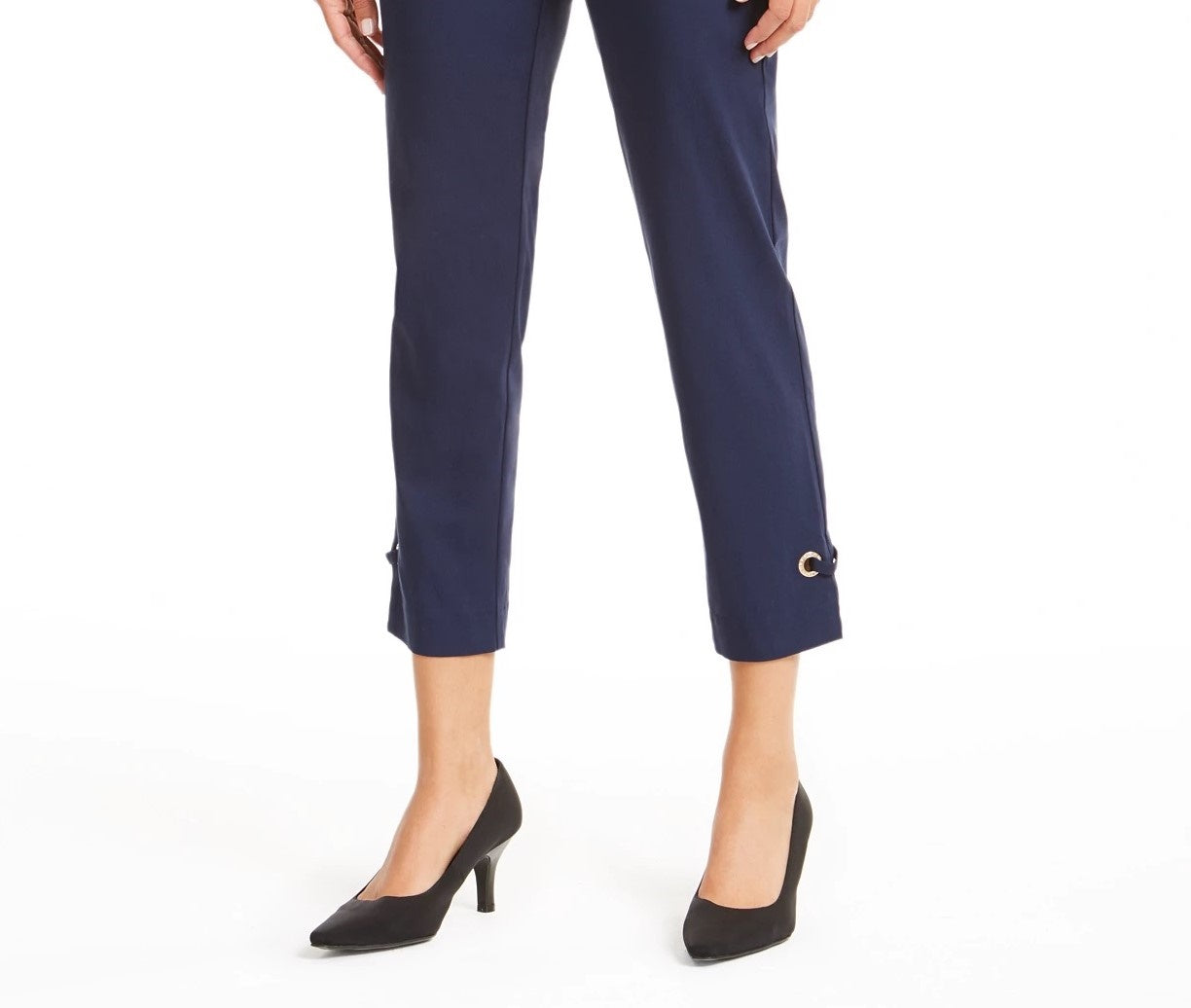 Calças femininas JM Collection com bainha grommet e tornozelo, tamanho pequeno, azul