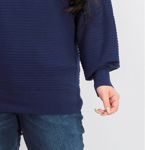 Suéter feminino JM Collection com mangas abotoadas, azul escuro, tamanho grande