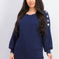 Suéter feminino JM Collection com mangas abotoadas, azul escuro, tamanho pequeno