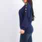 Suéter feminino JM Collection com mangas abotoadas, azul escuro, tamanho pequeno