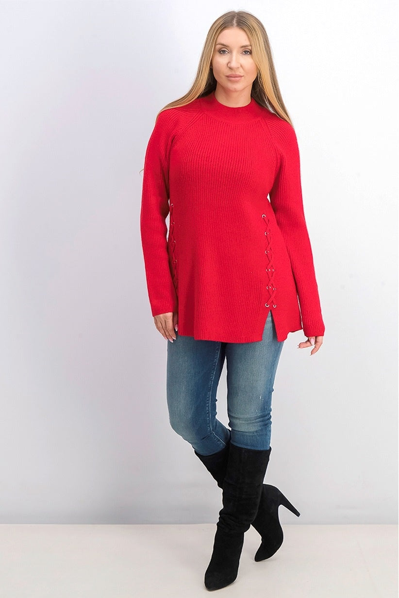 Suéter de malha canelada com cadarço e gola falsa feminino Style &amp; Co, vermelho, tamanho pequeno